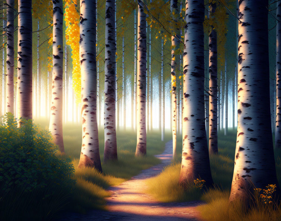 Tranquil birch forest with sunlight filtering through