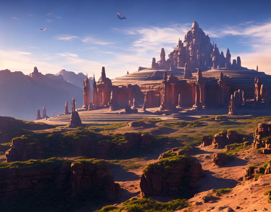 Fantastical landscape with towering spires and ancient ruins under a warm, hazy sky