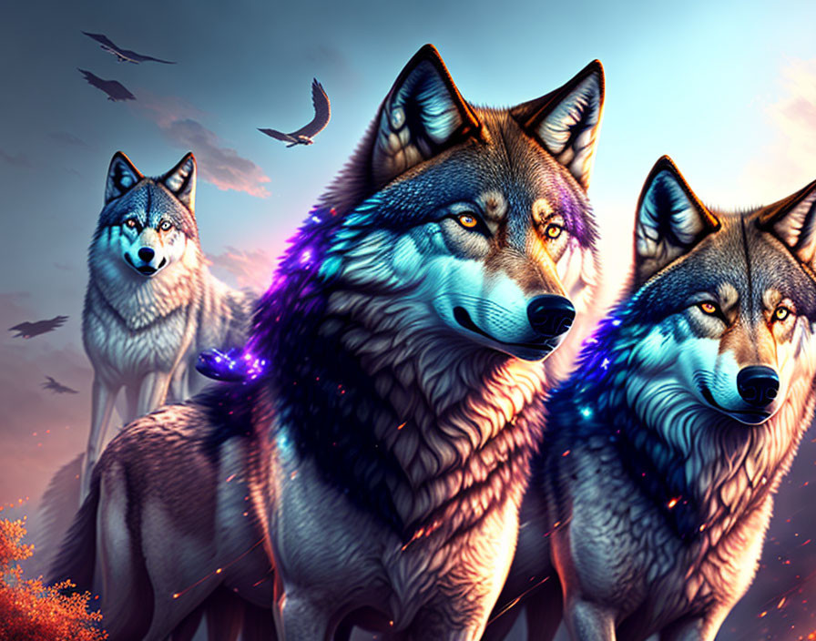 Mystical wolves with luminous eyes in twilight scene