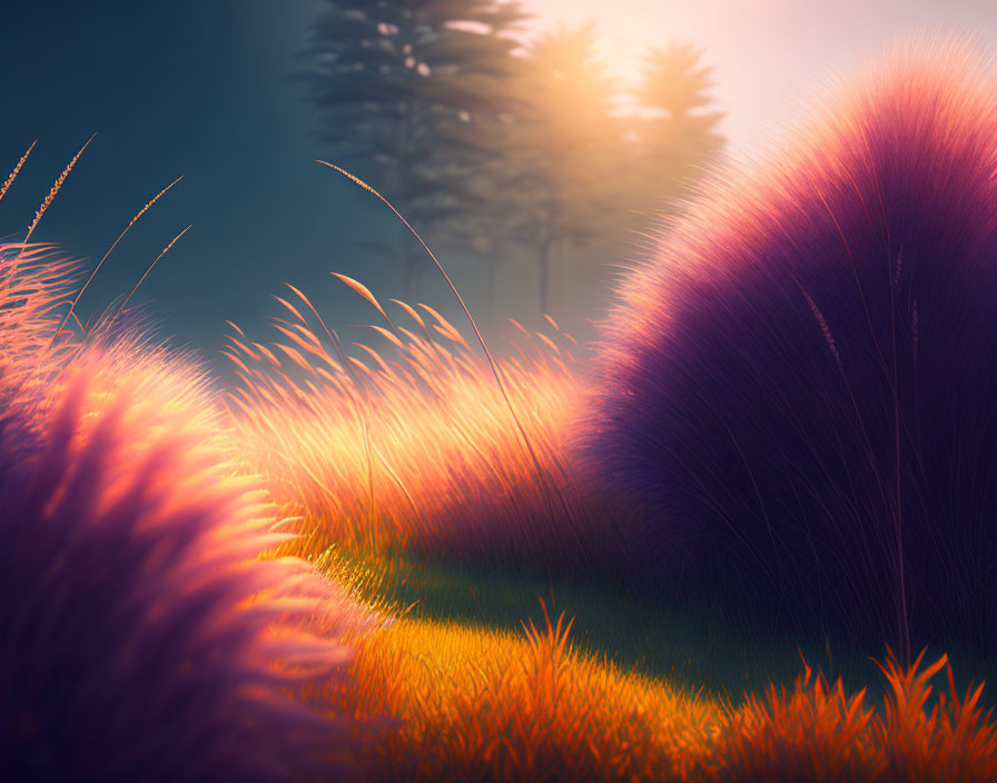 Misty forest scene with warm sunset light on fluffy grass