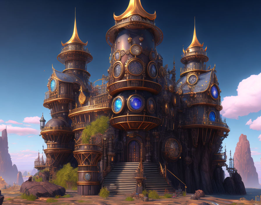 Steampunk-style tower with golden spires and gears on rocky terrain