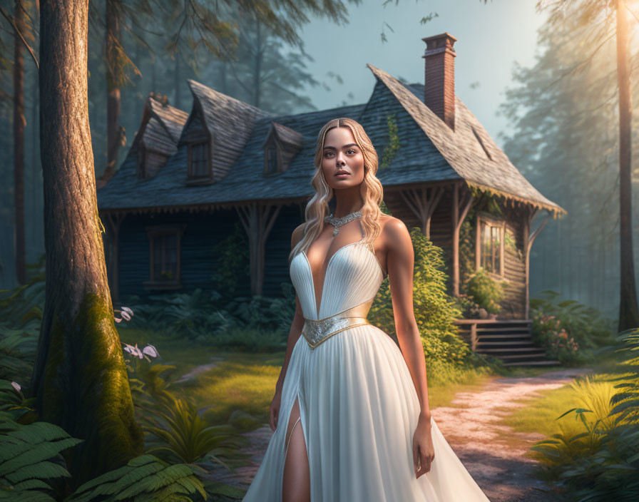 Woman in white dress near cottage in serene forest