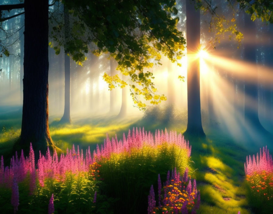 Colorful forest floor with pink and purple flowers under sunbeams