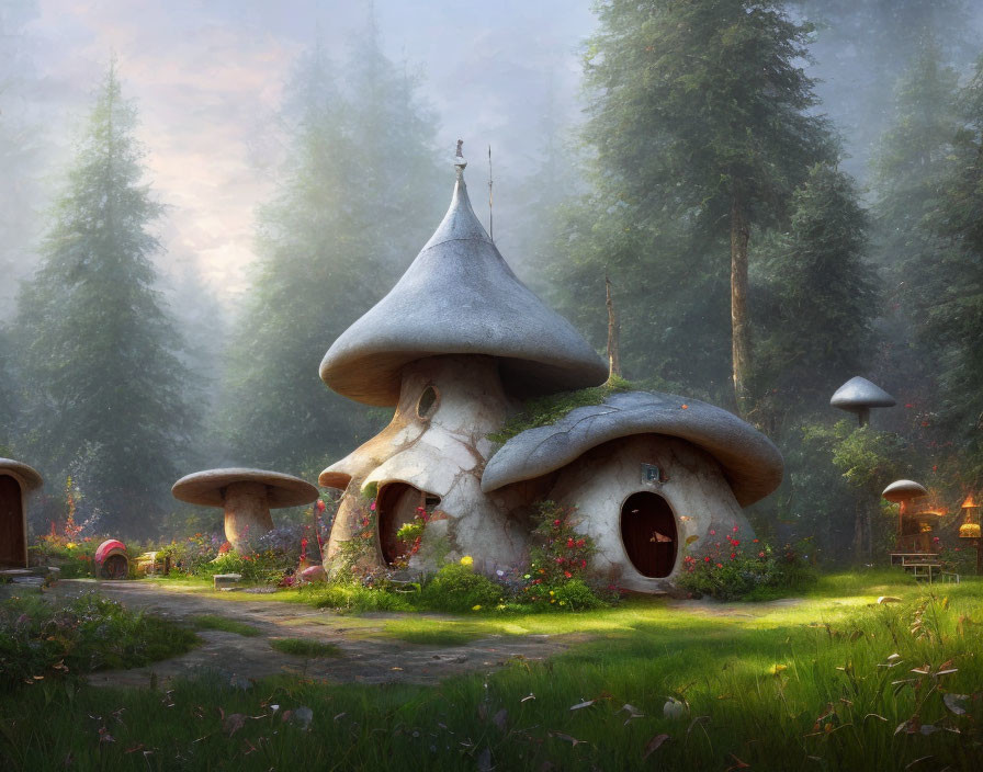 Whimsical mushroom houses in enchanted forest scene