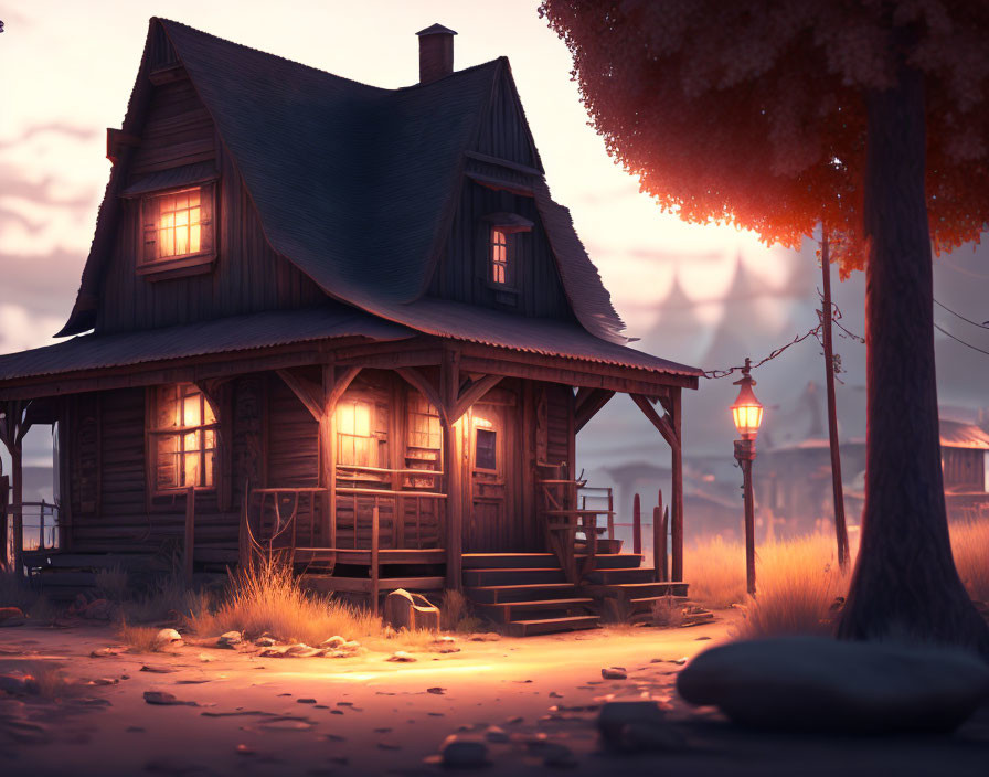 Cozy wooden house at dusk with warm lights among autumn trees and a glowing streetlamp