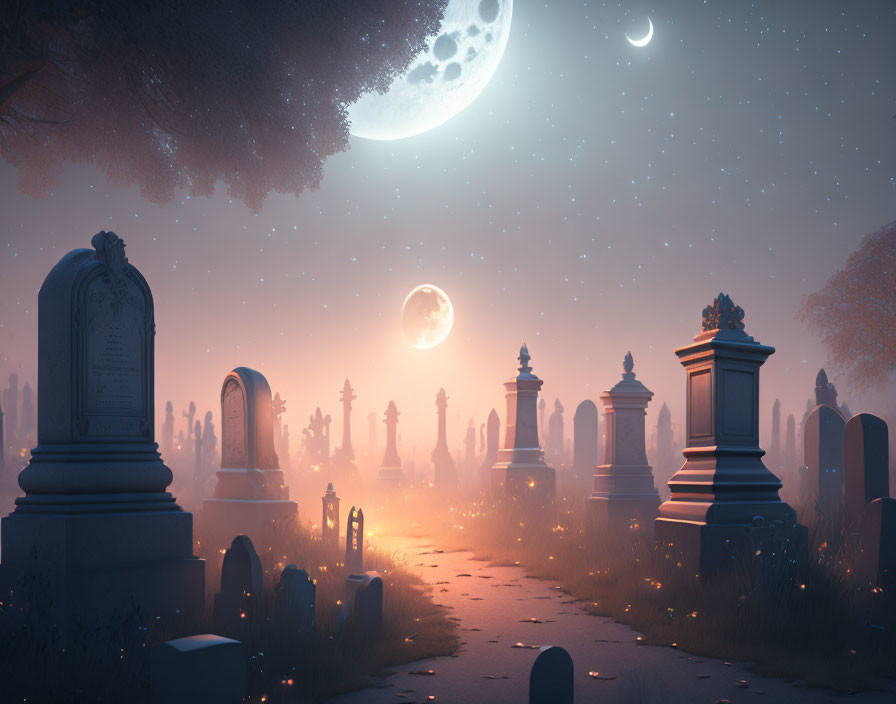 Ethereal graveyard scene with moonlit headstones