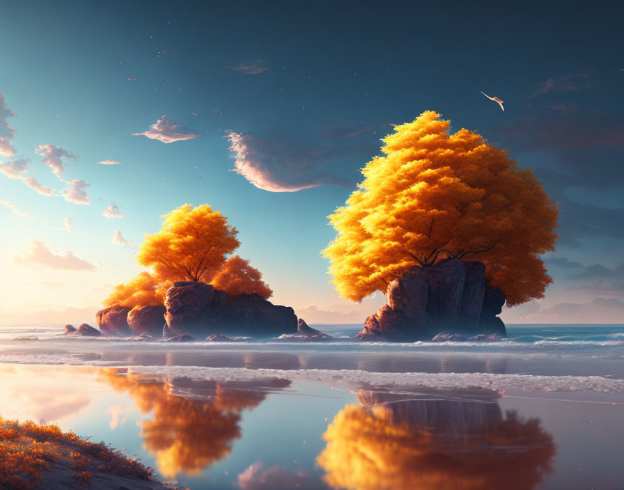 Vibrant orange trees on rocky islets in serene landscape