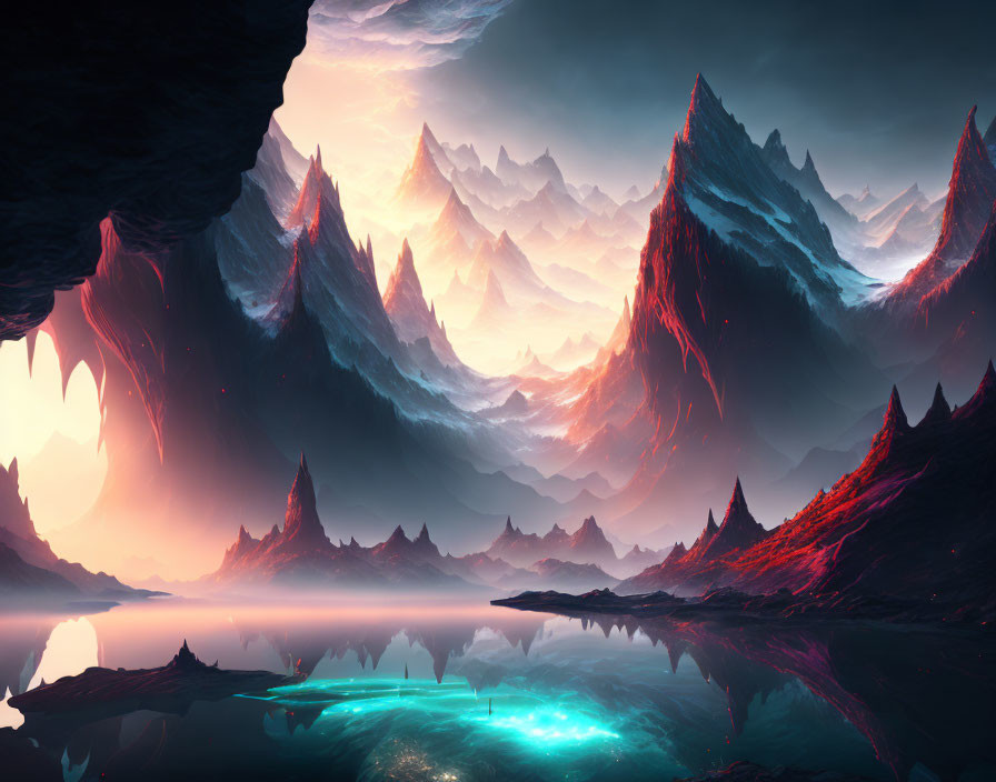 Surreal landscape with sharp mountains and pink sky over turquoise reflective water