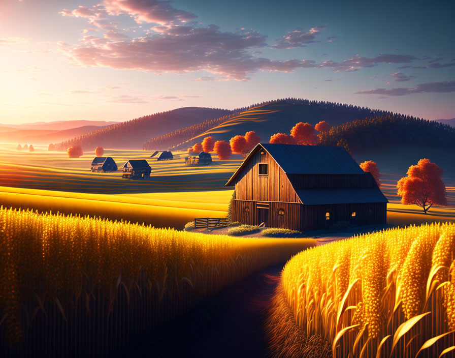 Golden Fields and Autumn Trees in Serene Sunset Landscape