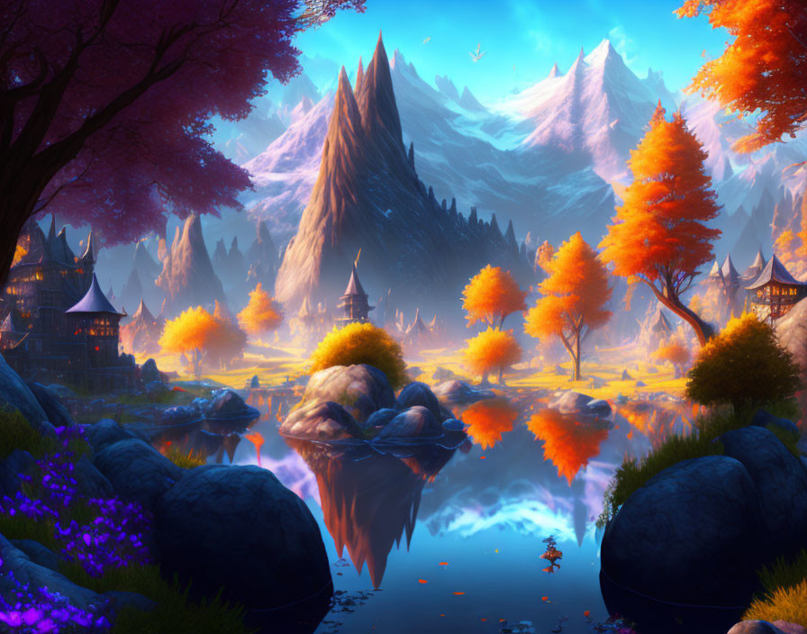 Fantasy landscape with village, lake, autumn trees, and snowy mountains