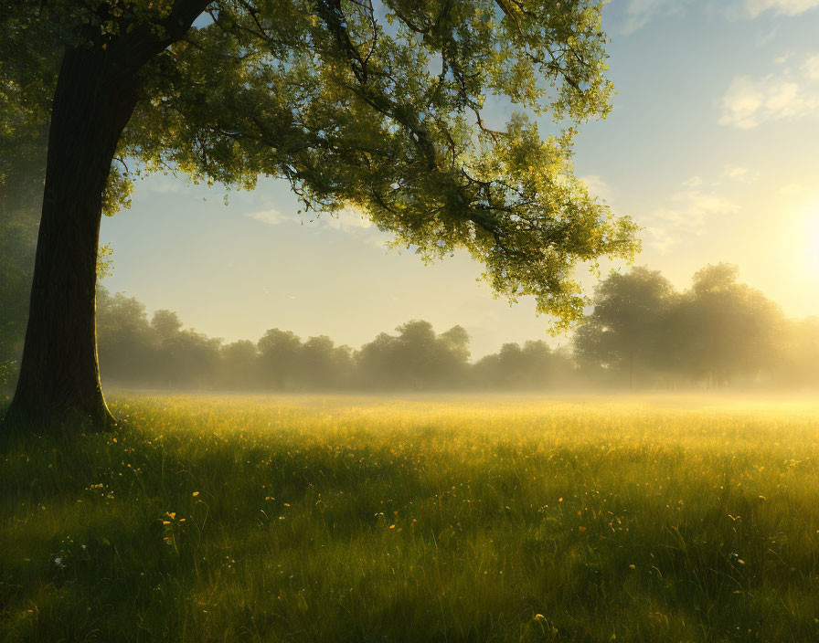 Sunlight Through Tree on Misty Field at Sunrise