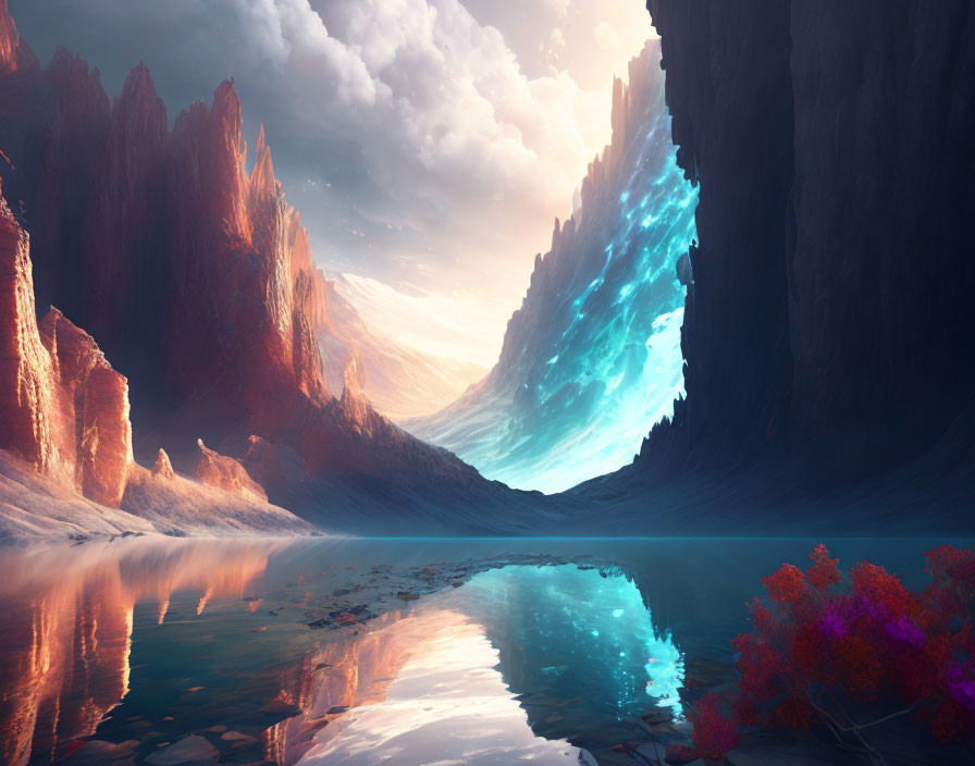 Fantasy landscape with blue waterfalls, red cliffs, and reflective lake.