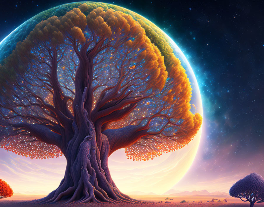 Giant tree with dense foliage under alien sky with large planet in twilight glow