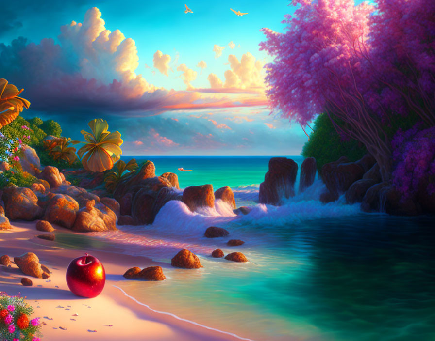 Colorful Beach Sunset with Red Orb and Pink Blossoms