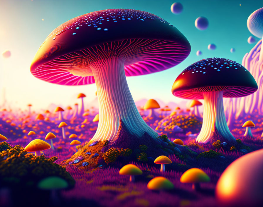 Fantasy Landscape: Glowing Mushrooms, Floating Bubbles, Sunset Sky