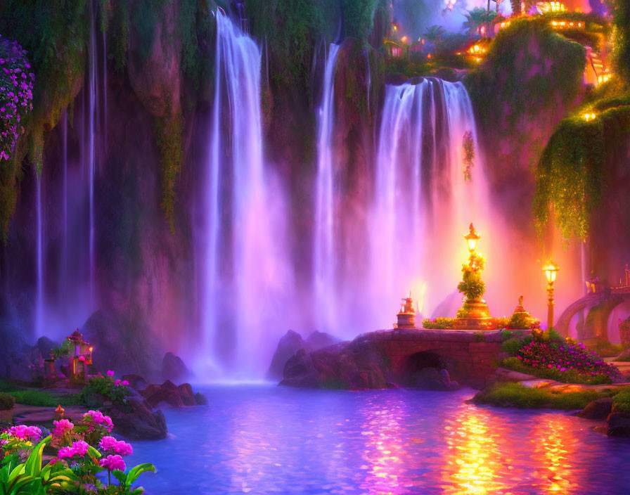 Tranquil scene of vibrant waterfalls, serene lake, lush greenery, illuminated pathways, and