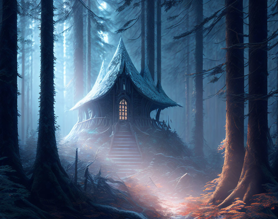 Mystical cabin with glowing windows in blue forest mist