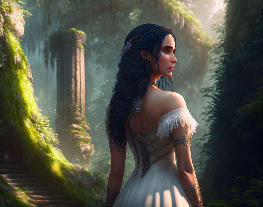 Digital artwork: Woman in white gown in mystical forest with ruins & sunbeams