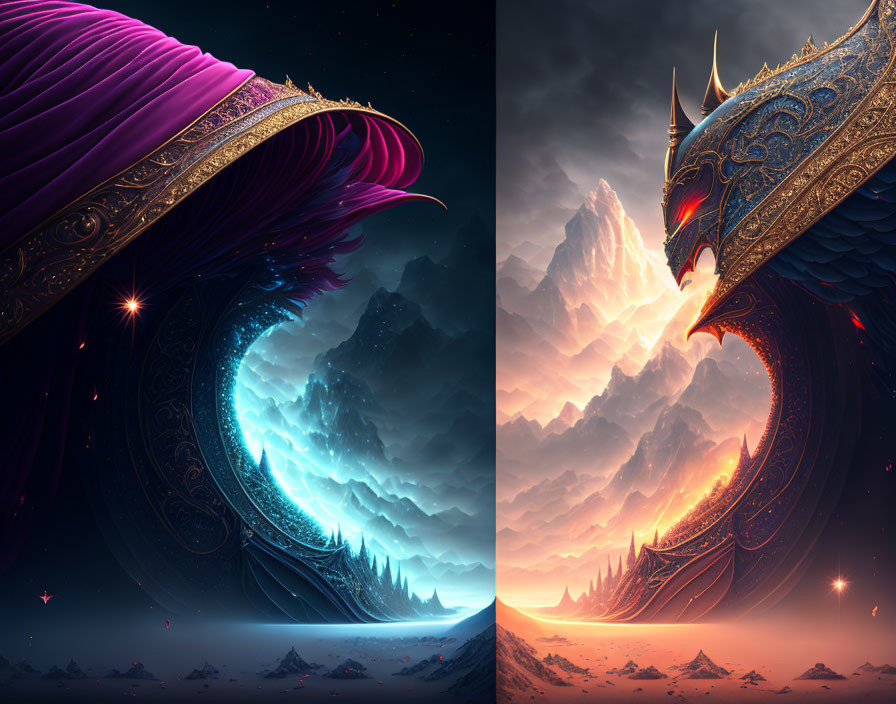 Fantasy Artwork: Ornate Dragon-like Creatures Encircling in Night and Dusky Landscape