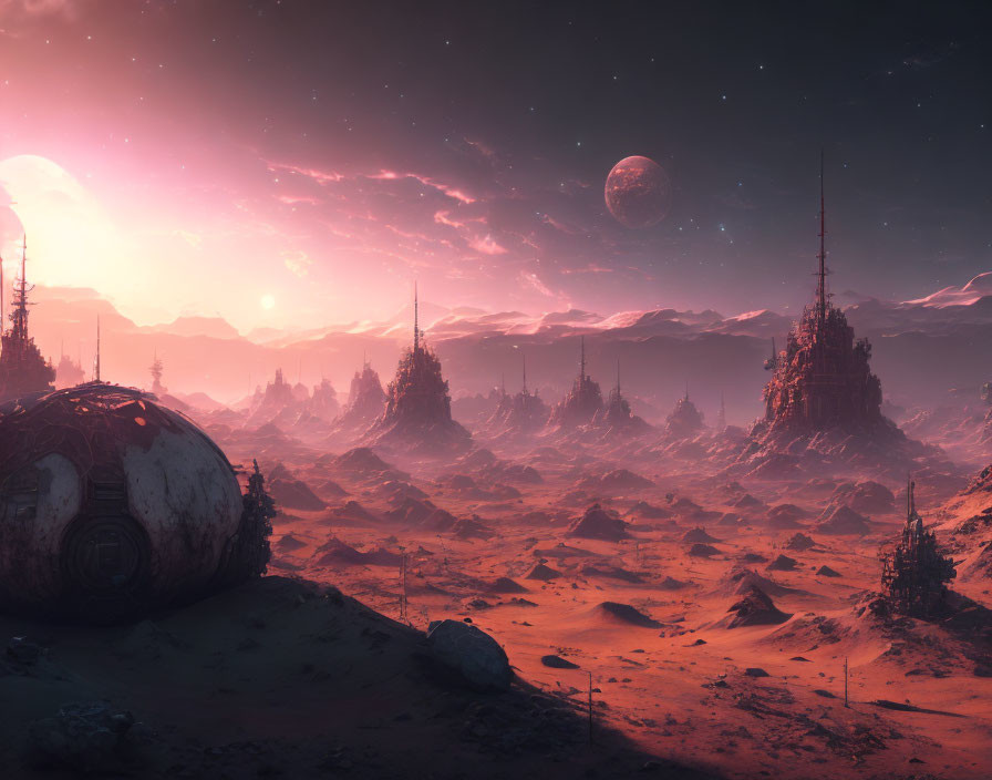 Futuristic sci-fi landscape with red terrain, structures, sun, and planet