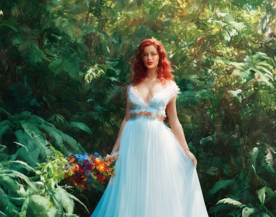 Woman in White Lace Dress Surrounded by Green Foliage Holding Flower Bouquet