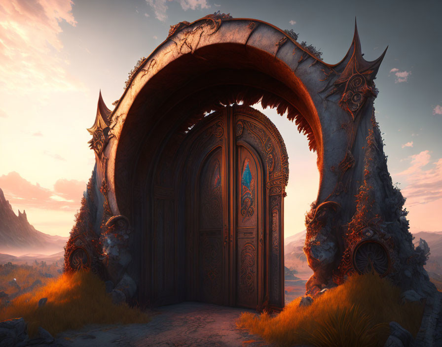 Intricate Fantasy Gate Against Mountain Sunset