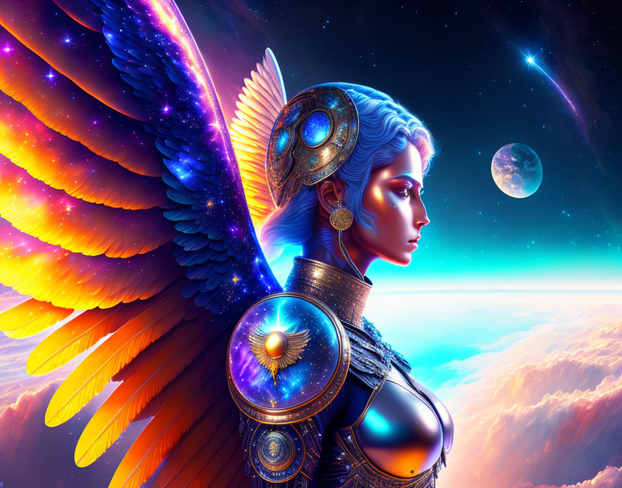 Female warrior digital art: mechanical wings, ornate armor, celestial background.