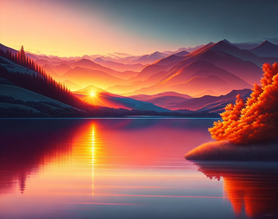 Tranquil Lake Sunrise with Mountain Silhouettes