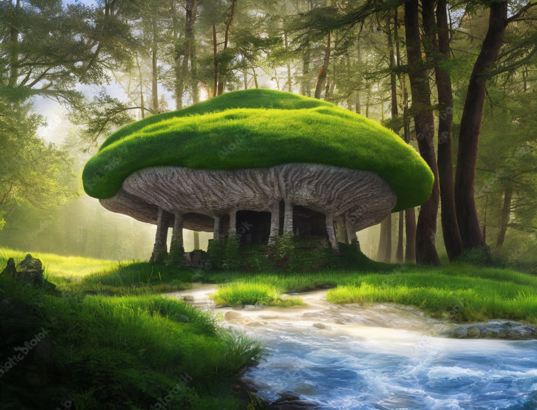 Whimsical mushroom-shaped house in lush forest with stream