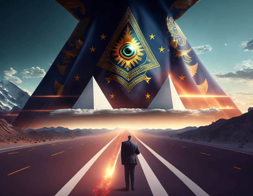 Person on desert highway views surreal pyramids under cosmic curtain with all-seeing eye motif at dramatic sunrise