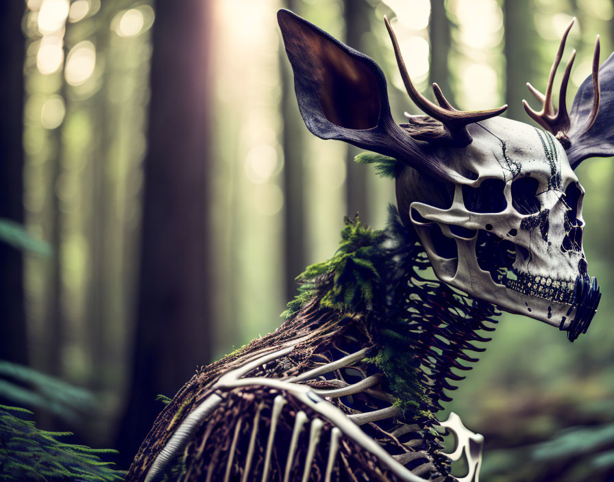 Deer skull-headed skeletal figure in forest setting