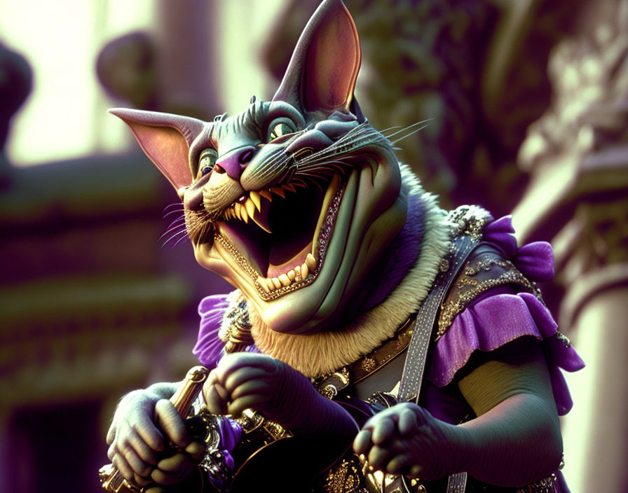 Regal anthropomorphic cat in 3D illustration with classical architecture background