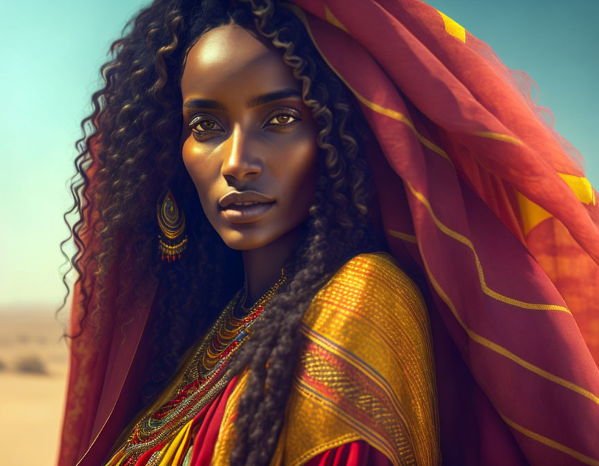 Woman with flowing curly hair in red and gold mantle against desert backdrop