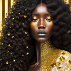 Woman with Voluminous Curly Hair and Golden Adornments on Striped Background