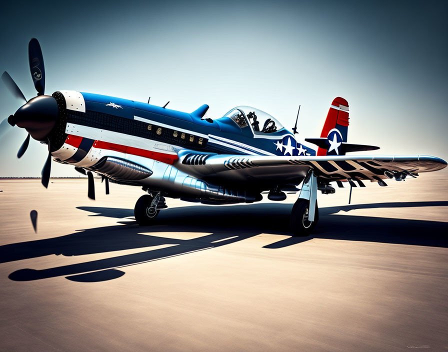 Vintage Fighter Plane with Blue Fuselage and Red Nose Art on Tarmac