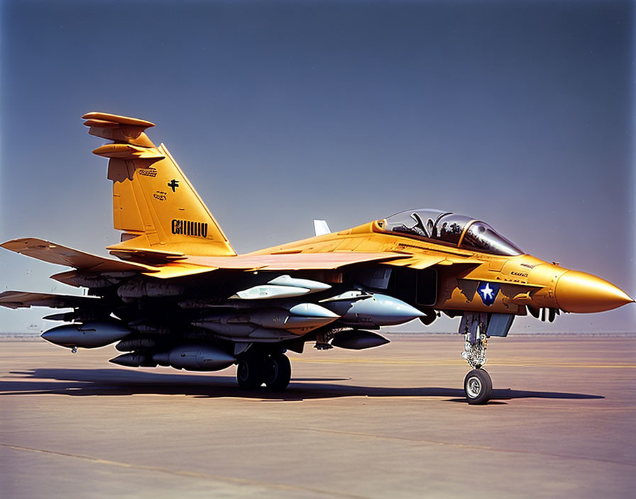 Vibrant Orange F-16 Fighter Jet with Missiles on Tarmac