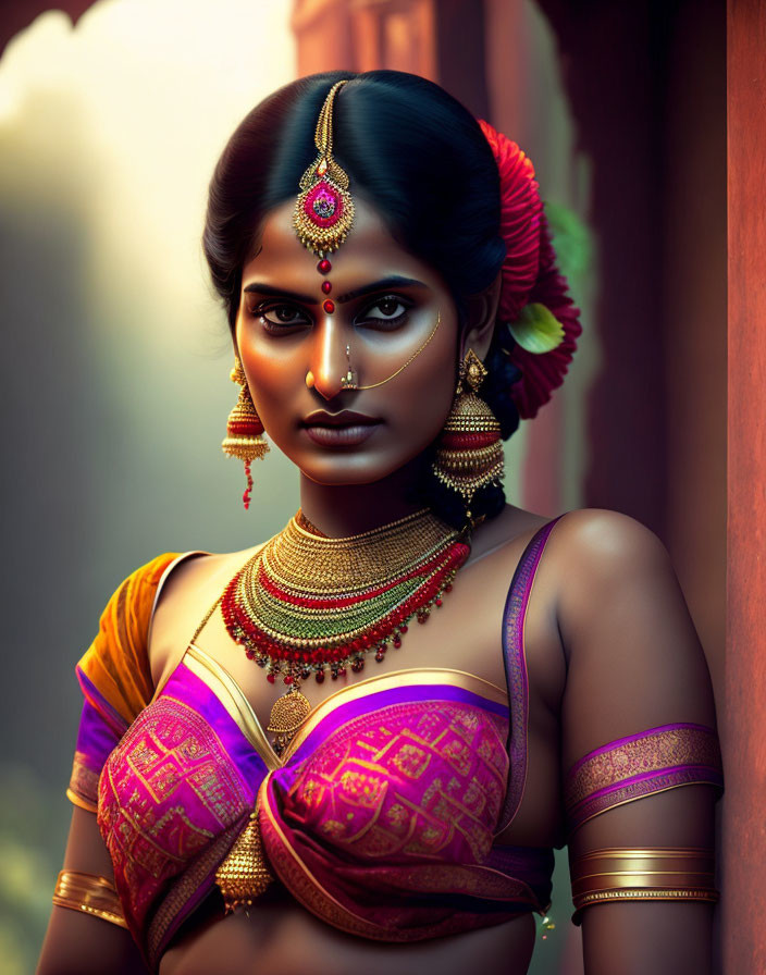 Traditional Indian jewelry and attire on a woman with a serious expression