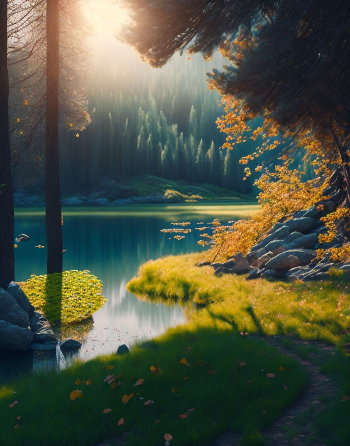 Tranquil forest lake with sunlight filtering through trees