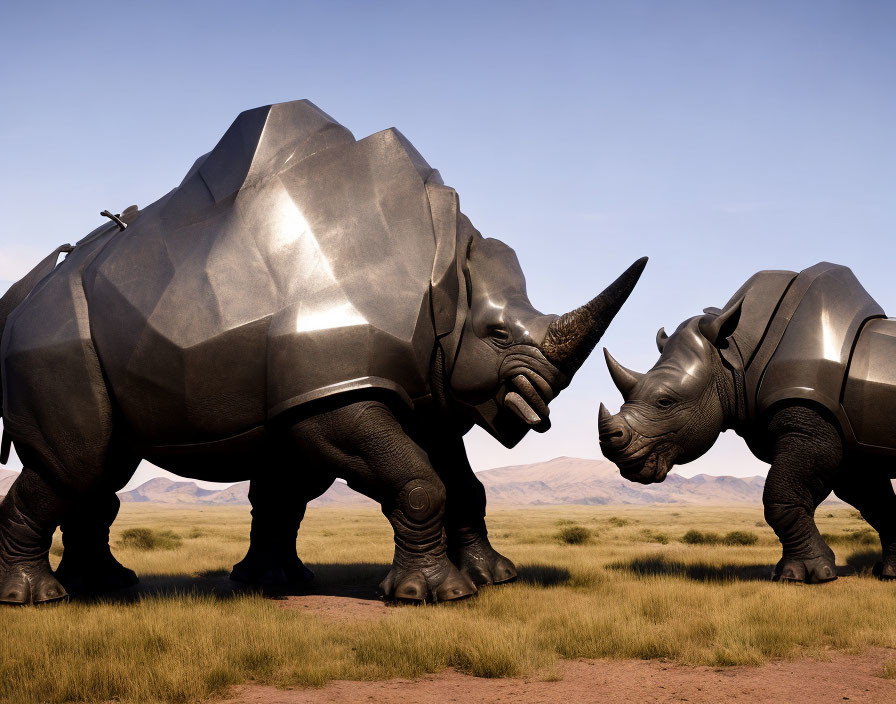 Mechanical rhinoceroses with metallic armor facing off in savanna