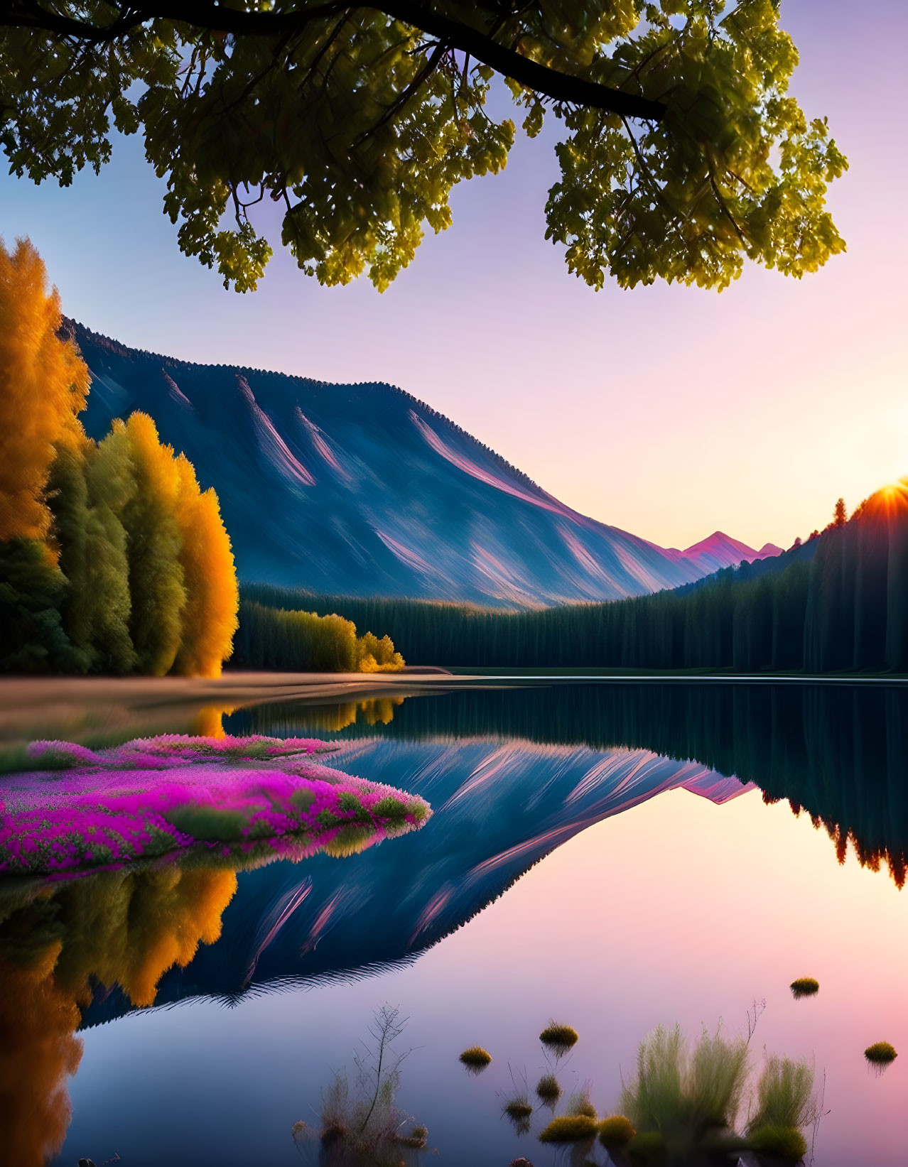 Serene mountain lake at sunset with vibrant flowers and foliage reflection