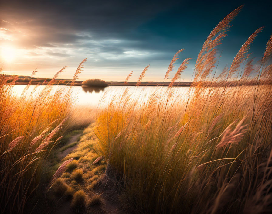 Tranquil river at sunset with golden grasses and cloud-streaked sky