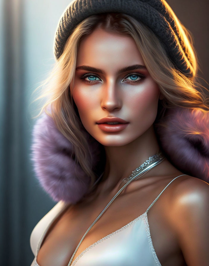 Portrait of woman with blue eyes in silver dress and purple fur collar