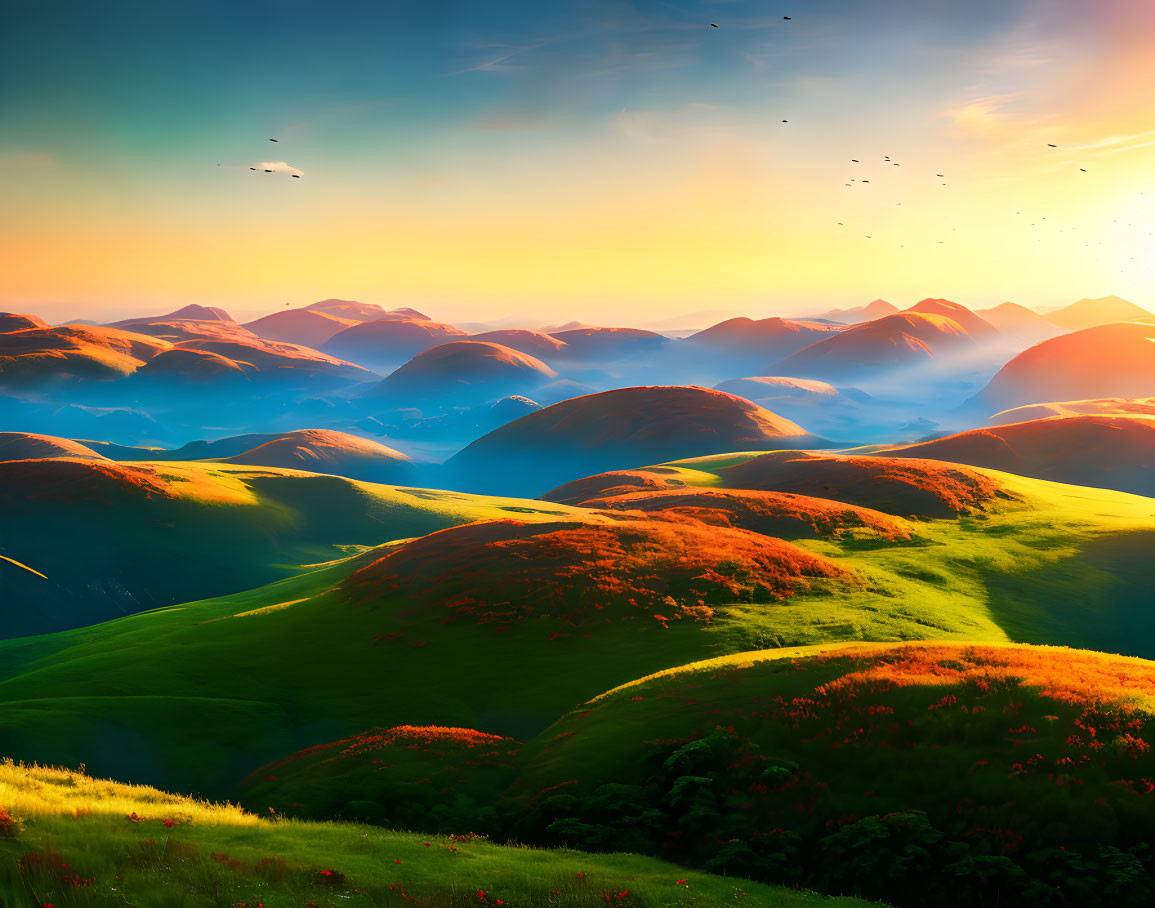 Scenic sunrise over green hills with orange wildflowers and birds