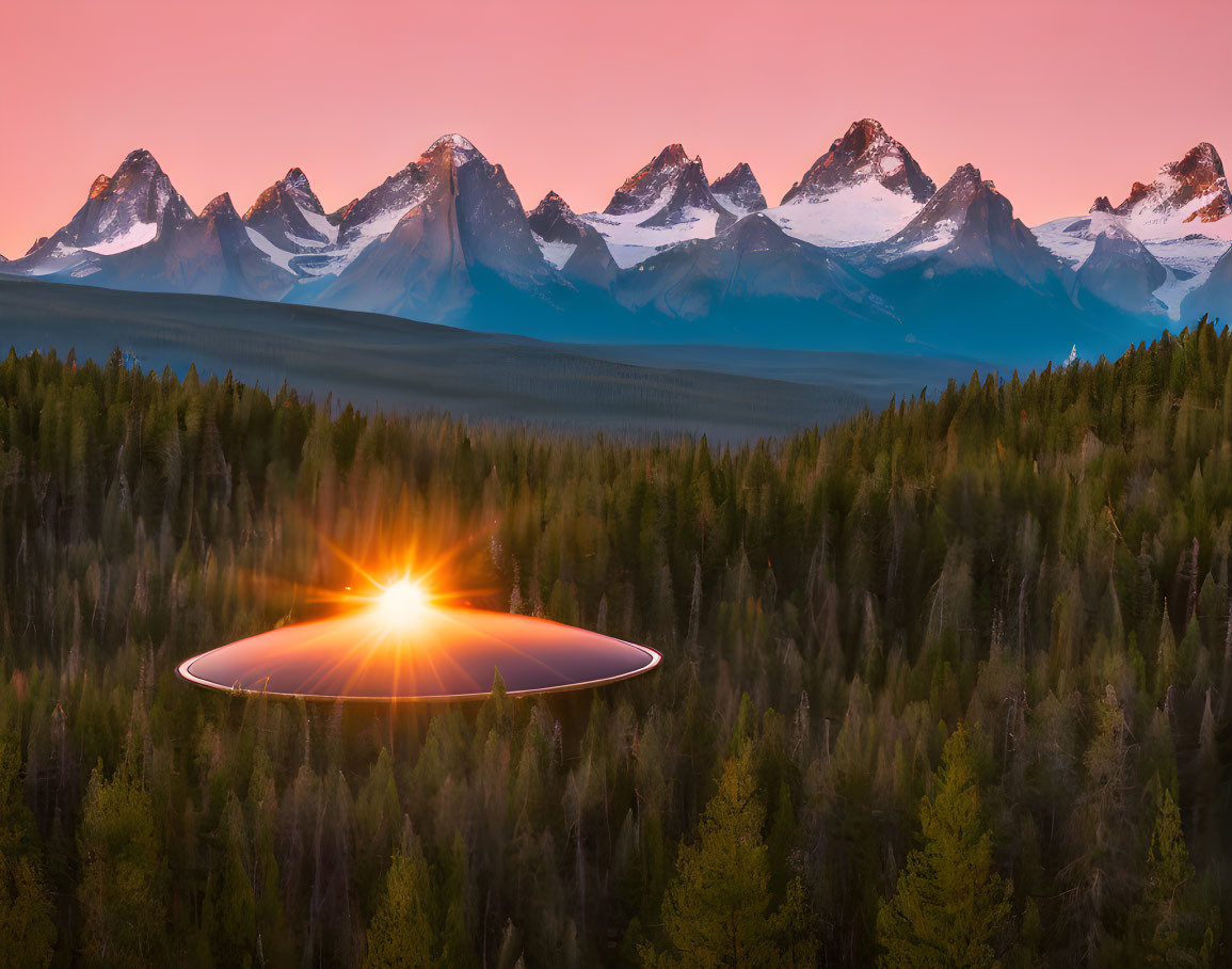 Glowing UFO lands in forest at sunset with snow-capped mountains & gradient sky