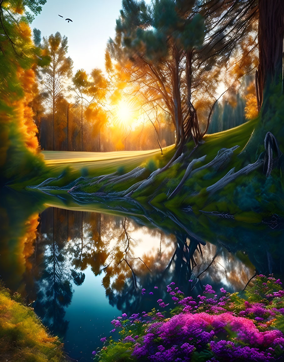 Tranquil Lake Sunset with Vibrant Trees and Flowers