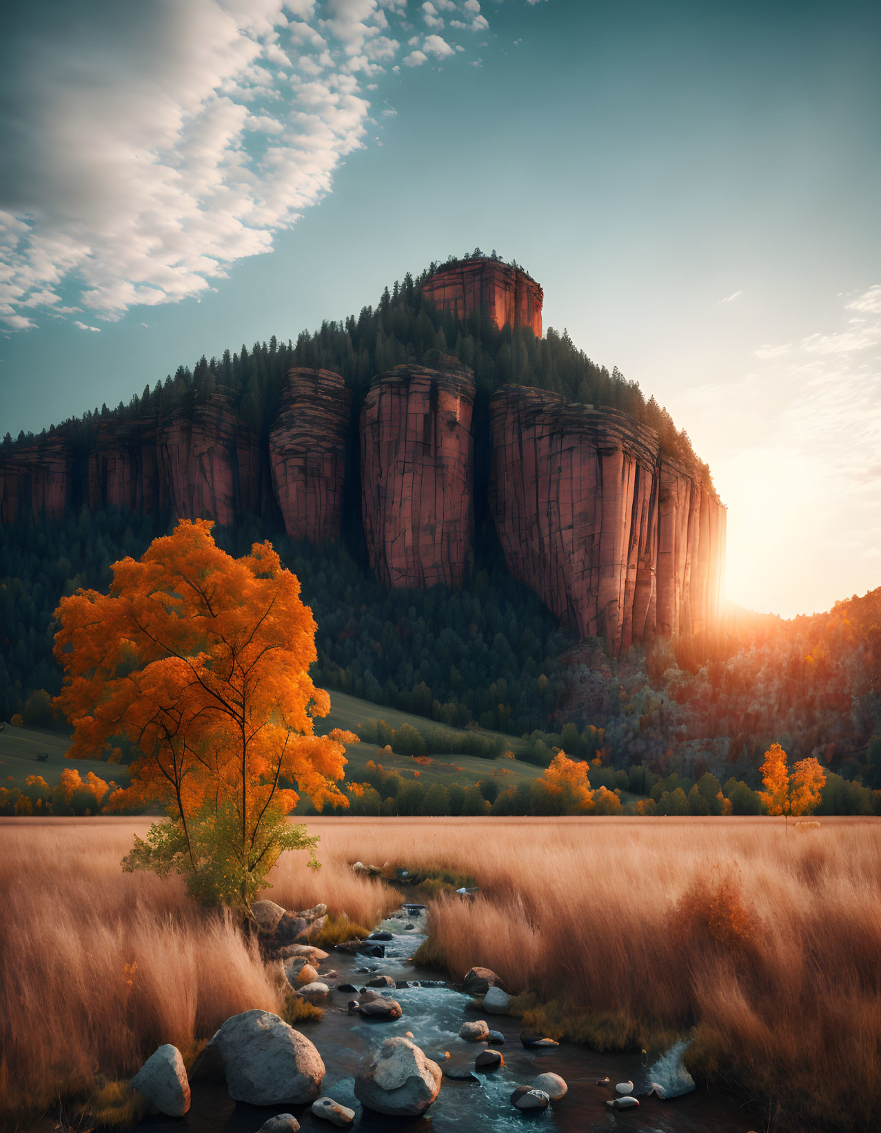 Serene landscape with red rock cliffs, stream, golden fields, and orange tree at sunrise