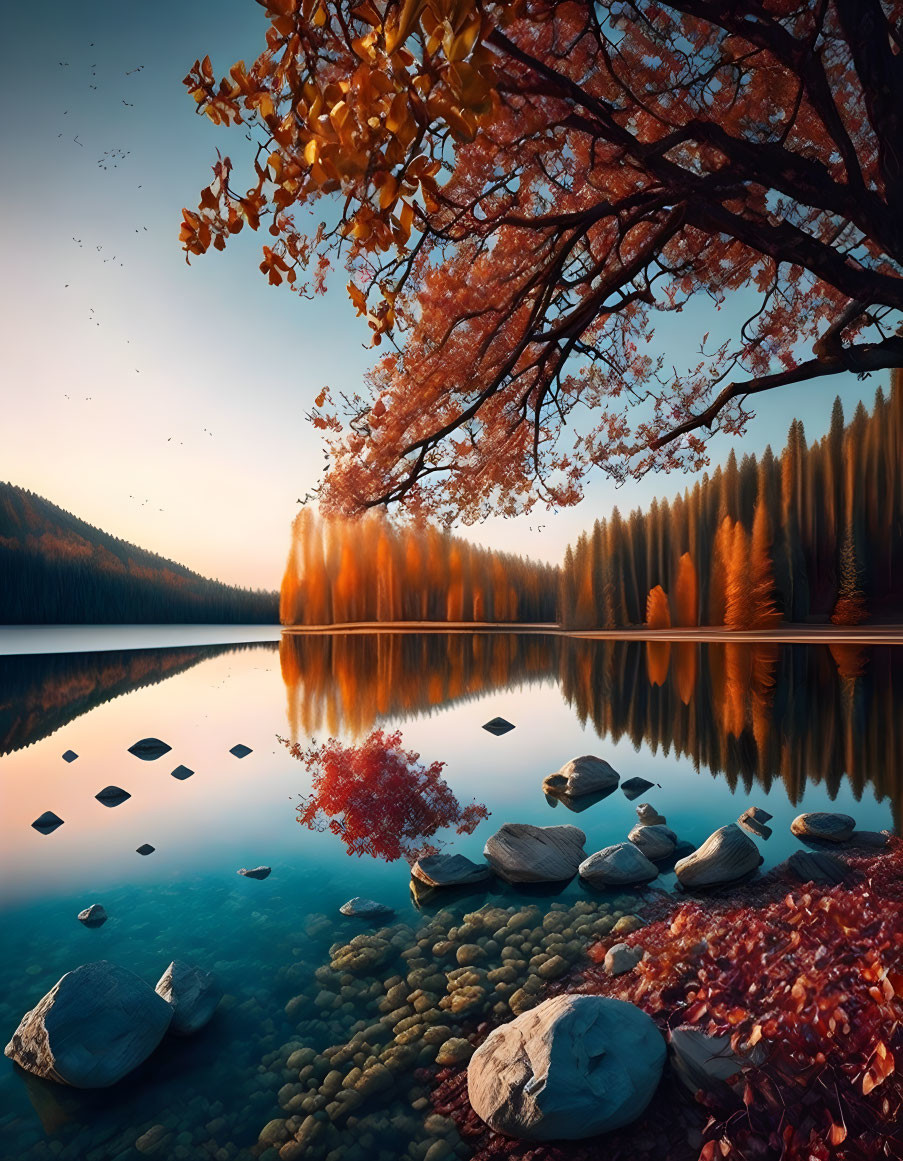 Tranquil lake with autumn trees reflected in clear water