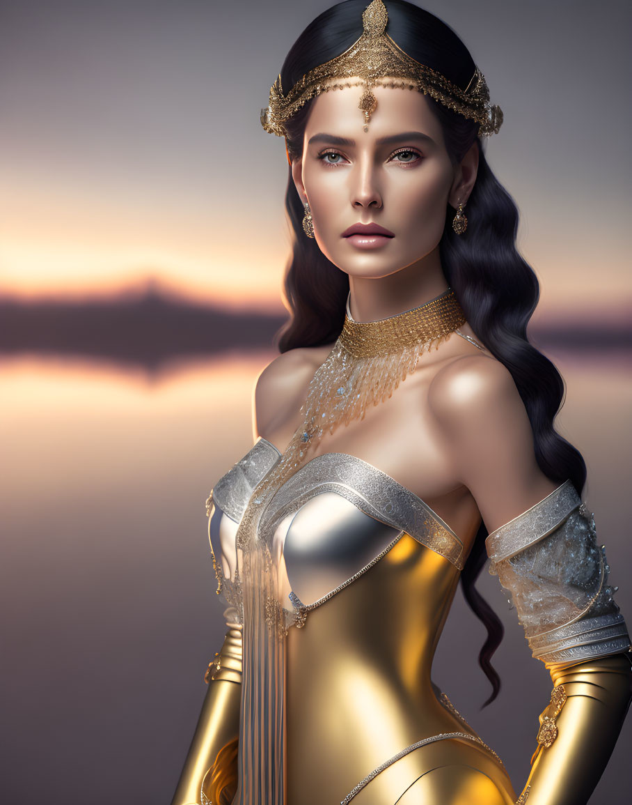 Elegant woman in golden attire against sunset background