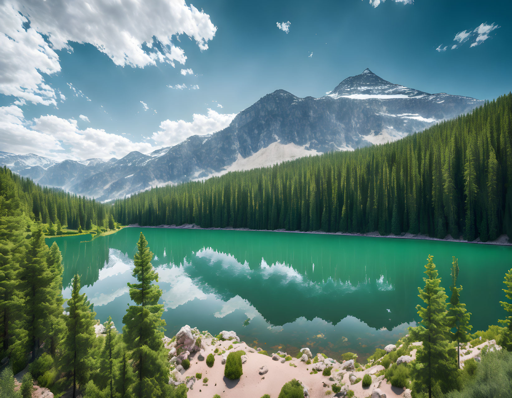 Emerald mountain lake in lush forest setting