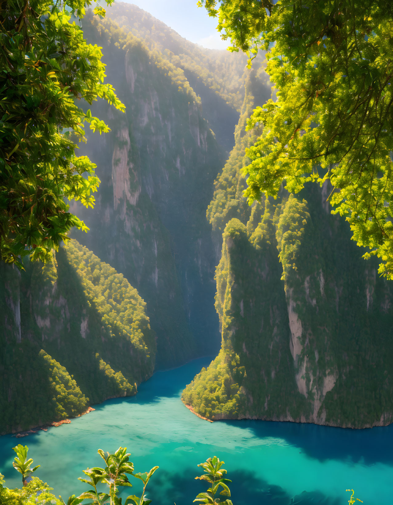 Green cliffs, turquoise river, and sunlit canyon with lush foliage.